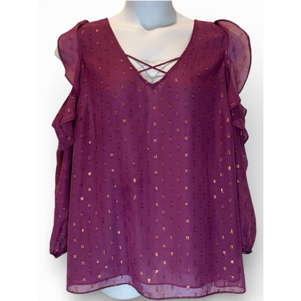 Cato Women’s Plus 22/24 Blouse 3X Purple Cold Shoulder Metallic Detail Ruffle
